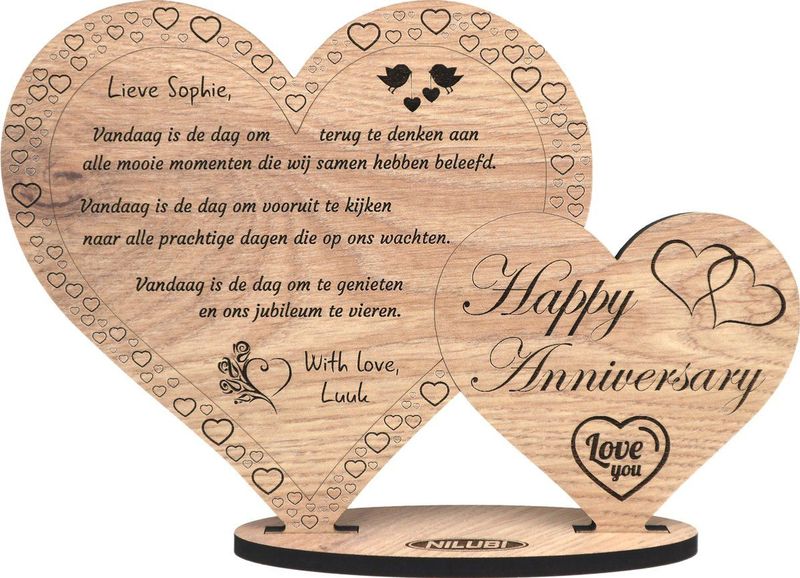Jubileum - gepersonaliseerde houten wenskaart - kaart van hout - … jaar getrouwd - luxe uitvoering met eigen tekst