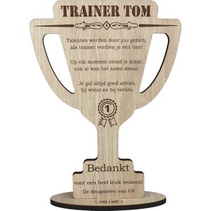 Beker trainer - bedankt coach - gepersonaliseerde houten wenskaart - kaart van hout om begeleider te bedanken met eigen naam en tekst