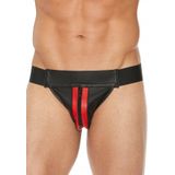 Gestreepte voorkant Lederen Jock Strap met rits - Rood