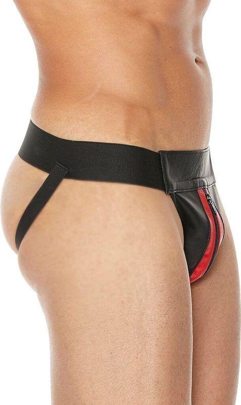 Gestreepte voorkant Lederen Jock Strap met rits - Rood