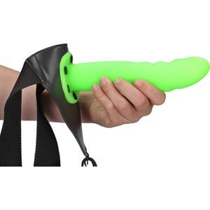 Shots - Ouch! Glow In The Dark Getextureerde Gebogen Holle Strap-On - 20 cm Neon Green