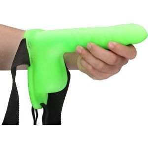 Shots - Ouch! Glow in the Dark Geribbelde Holle Strap-On met Ballen - 21 cm neon green