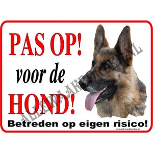 Duitse Herder 130...ondergrond wit....formaat 15x20 cm...(PAS OP VOOR DE HOND!)...(wit/rood/zwart + full color afbeelding)...Gratis verzenden!