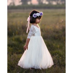 Feestjurk-romantisch jurk-bruidsjurk meisje-feestkleding-bruidskleding kind-avondjurk-kanten jurk wit-kleedje-japon-bruidsmeisje-Charlotte wit/ivoor (mt 98/104)