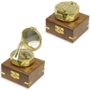 Kompasje in houten doos - Messing Kompas - Marine - 3.6 cm hoog
