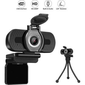 Webcam Full HD 1080P - GRATIS Privacy Cover & Tripod -verstelbare lensring - Werk & Thuis - Plug & Play - Windows Mac & Android