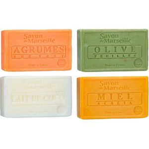 Set Marseille zeep 4 x 100 gram in geuren citrus-olijf-kokos-honing - Franse handzeep - Marseillezeep