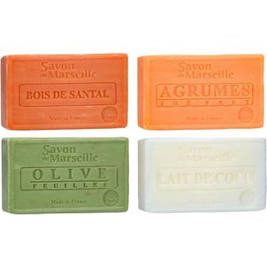 Set Marseille zeep 4 x 100 gram in geuren sandalwood-citrus-olijf-kokos - Franse handzeep - Marseillezeep