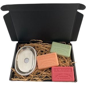 Soap bar set met zeephouder RVS wit - zeep savon de marseille Sinaasappelbloesem, Aloë vera, I love you 3x125 gr.