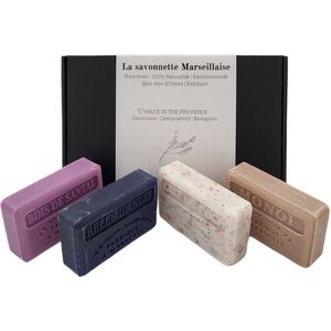 Zeep brievenbuscadeau savon de marseille: Monoi, kokosmelk scrub, sandelhout, Belle de Nuit - moederdag pakket