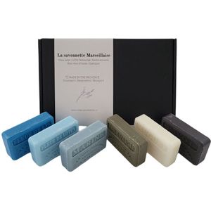 Soap bar cadeauset savon de marseille zeep Fleur de lys, Fleur de lotus, Marine, Pavot (opium), Huile d'argan, Muguet 6x125 gr. vaderdag, Papa cadeau - dierproefvrij - vegan - handgemaakt