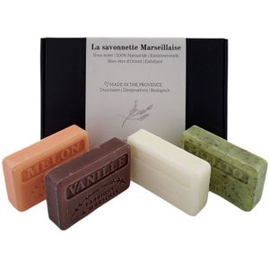 Soap bar set - zeep savon de marseille Chevrefeuille, Mojito, Vanille, Meloen 4x125 gr. brievenbuscadeau - cadeauverpakking