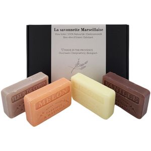 Soap bar set - zeep savon de marseille Meloen, Fleur de coton, Vanille, Mimosa 4x125 gr.