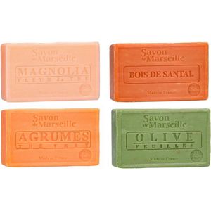 Set Marseille zeep 4 x 100 gram in geuren magnolia-sandalwood-citrus-olijf - Franse handzeep - Marseillezeep