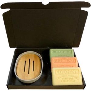 Soap bar set met zeephouder - zeep savon de marseille Citroen verveine, Sinaasappelbloesem, Cologne 3x125 gr.