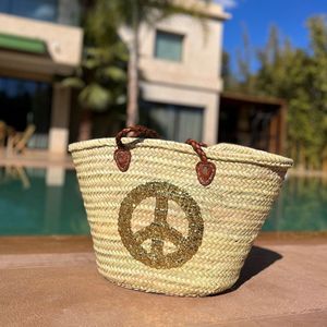 Bohemida- Rieten Tas - Boho Ibiza Shopper tas/Strandtas - Peace Goud pailletten - Boodschappentas - Mandtas – Boodschappenmand