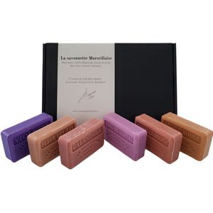 Zeep brievenbuscadeau savon de marseille Violet, Bois de santal, Calendula, Rode klei, Kaneel sinaasappel, Fleur de iles - dierproefvrij - vegan - handgemaakt