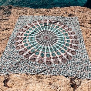 XXL Strandlaken 220 x 235 - Extra groot vakantie Strandkleed - Picknick Kleed- Lichtgewicht 100% Duurzaam Katoen - (Turquoise Taupe & Wit) - Boho Ibiza Mandala - Sneldrogend kleed