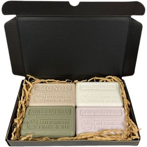 Zeep brievenbuscadeau ezelinnenmelk: Monoi, Ezelinnenmelk, Huile d'argan, Kersenbloesem