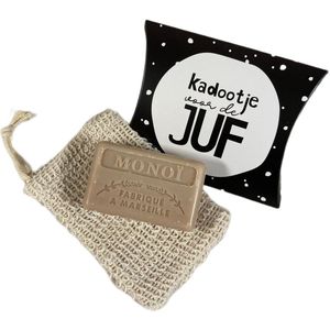 Cadeautje voor de juf: Monoi 125 g. + Sisal zeepzakje - savon de marseille - zeep geschenkset - geschenk juf