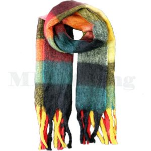 Sjaal - Warme wintersjaal - Wol Viscose - Dikke shawl - Geblokte sjaal - Omslagdoek – Oranje Geel