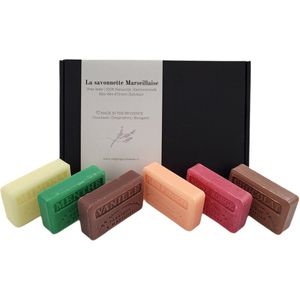 6x Savon de Marseille geschenk zeep set, Chocolade, Vanille, Menthe, Vigne Rouge, Sinaasappelbloesem, Mimosa 6x125 gr. brievenbus cadeau
