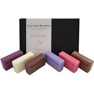 6x Savon de Marseille, Vanille, Fruit de la passion, Patchouli, Lavande, Chevrefeuille, Chocolade - cadeau voor vrouw