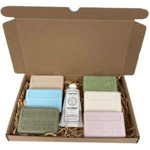 Zeep brievenbus cadeau ezelinnenmelk zeep met handcreme - Monoi - Fleur de lotus - Huile d'argan - Verveine - Ezelsmelk- Kersenbloesem