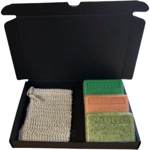 Soap bar set - zeep savon de marseille Menthe, Sinaasappelbloesem, Mojito 3x125 gr. + zeepzakje