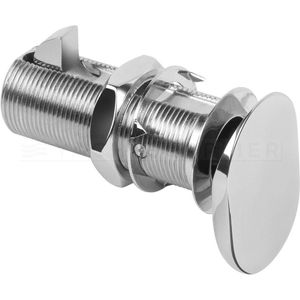 Drukknopslot RVS flush bekleed met lichtbruin leder, knop ovaal. Inclusief sluitplaat