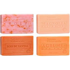 Set Marseille zeep 4 x 100 gram in geuren roos-magnolia-sandalwood-citrus - Franse handzeep - Marseillezeep