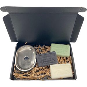 Soap bar set met zeephouder RVS zwart - zeep savon de marseille Chevrefeuille, Aloë vera, Opium 3x125 gr.