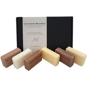 Marseille zeep bar brievenbus cadeau set: Caramel, Miel, Lait de Soie, Bergamot, Chanvre, Amandel