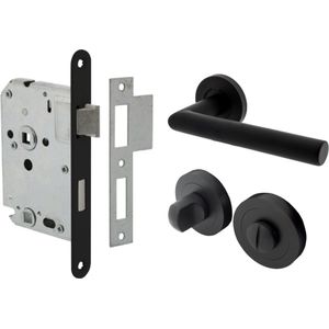 Deurklink Florence - Zwart - Ø50mm - Complete set voor badkamers - Inclusief WC garnituur en WC-slot (Inclusief Vierkante Sluitplaat) - Mat zwarte deurkruk