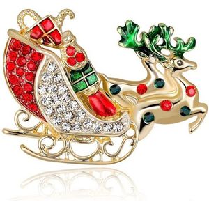 Kerstbroche met Arreslee - Goudkleurige broche met Rendieren - Gekleurd strass