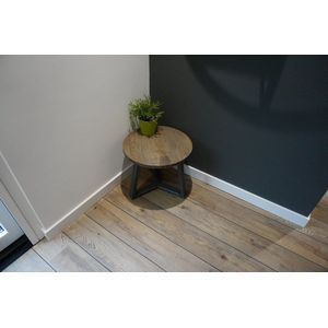 M2-Meubels ronde eikenhouten salontafel of sidetabel met blad van 50cm kleur blackwash en industrieel onderstel