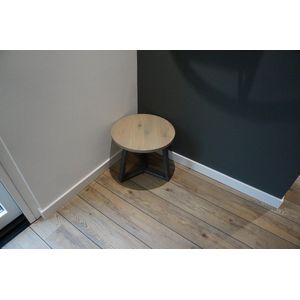 M2-Meubels ronde eikenhouten salontafel of sidetabel met blad van 50cm kleur grijs en industrieel onderstel