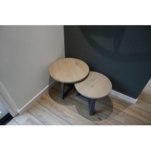 M2-Meubels Set industriële eikenhouten salontafels met rond blad kleur grijs en industrieel onderstel