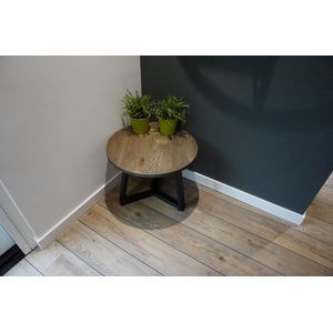 M2-Meubels ronde eikenhouten salontafel met blad van 60cm kleur blackwash en mat zwart onderstel