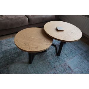 M2-Meubels Set industriële eikenhouten salontafels met rond licht gerookt blad en mat zwart onderstel