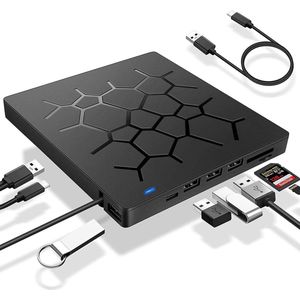 TechMate Externe DVD/CD Speler en Brander - 7 in 1 CD/DVD Drive voor Laptop of PC - USB 3.0 & USB-C - Mac & Windows - 4 USB Poorten