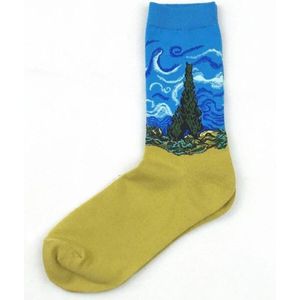Elastisch hoge sokken paar Vincent van Gogh - Tarweveld met cipressen - Wheatfield with cypresses - Interpretatie - Geel Blauw - Maat 35 - 42