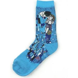 Kunstsokken - Gustav Klimt - De Kus - Elastische hoge sokken - Interpretatie - Blauw - Maat 35 - 42