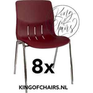 King of Chairs -set van 8- model KoC Denver bordeaux met verchroomd onderstel. Kantinestoel stapelstoel kuipstoel vergaderstoel tuinstoel kantine stoel stapel stoel Jolanda kantinestoelen stapelstoelen kuipstoelen stapelbare Napels eetkamerstoel