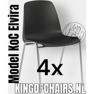 King of Chairs -set van 4- model KoC Elvira zwart met verchroomd onderstel. Kantinestoel stapelstoel kuipstoel vergaderstoel tuinstoel kantine stoel stapel kantinestoelen stapelstoelen kuipstoelen stapelbare keukenstoel Helene eetkamerstoel