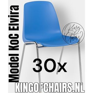 King of Chairs -set van 30- model KoC Elvira azuurblauw met verchroomd onderstel. Kantinestoel stapelstoel kuipstoel vergaderstoel tuinstoel kantine stapel stoel kantinestoelen stapelstoelen kuipstoelen arenastoel Helene schoolstoel bezoekersstoel