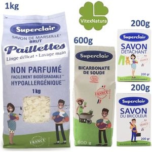 Bio huishoudschoonmaakmiddelen AKTIE pakket. Biologisch ecologisch. Marseille zeepvlokken, Natrium bicarbonaat zeep, Natrium bicarbonaat poeder.
