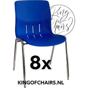 King of Chairs -set van 8- model KoC Denver blauw met verchroomd onderstel. Kantinestoel stapelstoel kuipstoel vergaderstoel tuinstoel kantine stoel stapel stoel Jolanda kantinestoelen stapelstoelen kuipstoelen stapelbare Napels eetkamerstoel