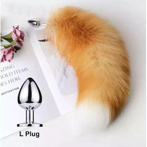 Buttplug Met Vossenstaart - Foxtail Buttplug - Maat L - Buttplug met Staart - Anale Plug - Metalen Buttplug - Seksspeeltjes Voor Koppels - Voor Mannen - Voor Vrouwen - Zilver / Metaal - Oranje / Wit