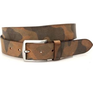 Thimbly Belts Unisex riem bruin/groen - heren en dames riem - 3.5 cm breed - Army Look Bruin - Echt Leer - Taille: 95cm - Totale lengte riem: 110cm